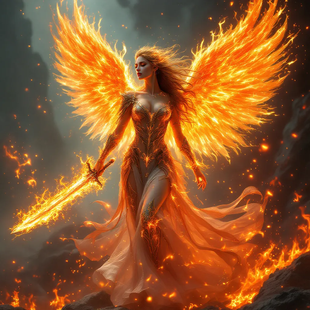 Prompt: aSFW, PG-Rated , UHD Photo-quality image of a stunningly beautiful female fire elemental, magical fantasy creature, white hot flame wings, sword made from dark red flames,  molten steel armor, radiant fiery hues of orange, red, and gold, flowing flames as hair, glowing embers swirling around, an Angel Made of Fire, majestic and ethereal aura, dynamic pose full of energy, surrounded by a fantastical landscape, vivid, high-contrast colors, enchanting atmosphere, ultra-detailed, high quality, cinematic masterpiece