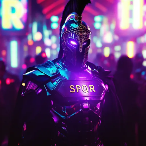 Prompt: A hyper-detailed 35mm film-still captures an ancient faceless android Roman Praetorian, standing in a futuristic setting filled with vibrant colors of purple, white, and gold. The atmosphere is charged with a sleek, metallic ambiance, enhanced by flickering neon lights that reflect off the chrome surfaces. The soldier is striding regally across a battlefieldl, his helmet adorned with ornate engravings that gleam softly under atmospheric lighting. The intricate golden letters spelling "SPQR" shimmer against the rich textures of his robotic features, devoid of facial expression yet exuding an aura of power and mystery. Subtle grain adds a nostalgic film quality, blending the ancient with the futuristic, as an otherworldly mist weaves through the scene, accentuating the dramatic ambiance.