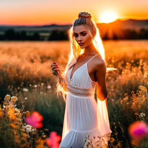 Prompt: photo of a stunningly beautiful blonde woman with braided pigtails,   wearing a floppy sun hat and an opaque sun dress, dancing in a field of flowers, sun setting in the background, High Definition, Realistic, Photorealistic, Hyperrealistic, High Definition