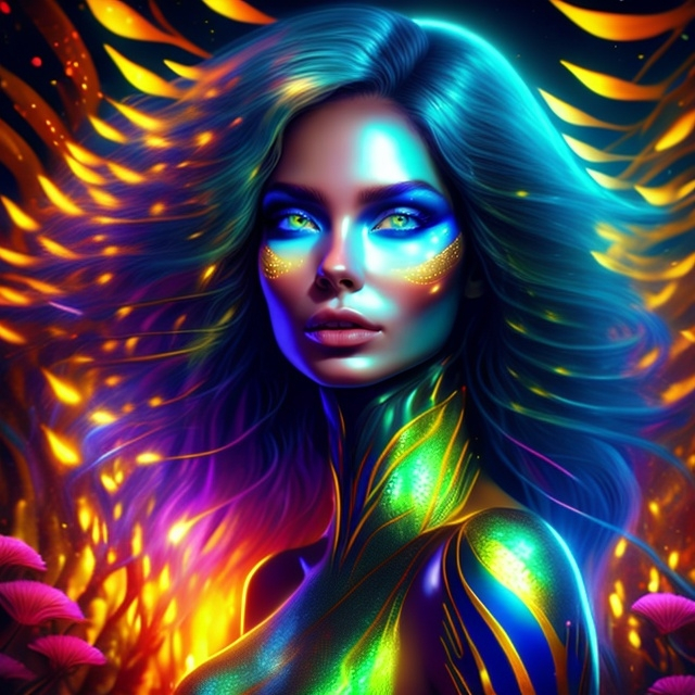 Prompt: HD Photorealistic, Hyperrealistic, 8k image or A breathtakingly beautiful woman with deep yellow and red striped skin, slightly metallic and luminous, with flowing blue hair that catches the light in the most mesmerizing way. Her piercing blue eyes radiate an ethereal glow. She stands gracefully in an otherworldly alien forest, surrounded by never-seen-before plants that glow softly in vivid, fantastical colors. Her skin appears shiny and radiant, like polished metal, reflecting the unique lighting of the alien atmosphere. The scene is hyper-realistic, with dramatic lighting and striking contrasts. Her facial features are complex, detailed, and elegant, exuding a sense of playful mystery. She stands in a dynamic pose, her body language confident yet gentle, as she interacts with her enchanting environment. The atmosphere is mesmerizing, with vivid colors, intricate details, and an overall presentation that feels magical and otherworldly. Her beauty is ethereal, captivating, and otherworldly, full of charm without being overt, radiating an unearthly allure that complements the fantastical scene around her.