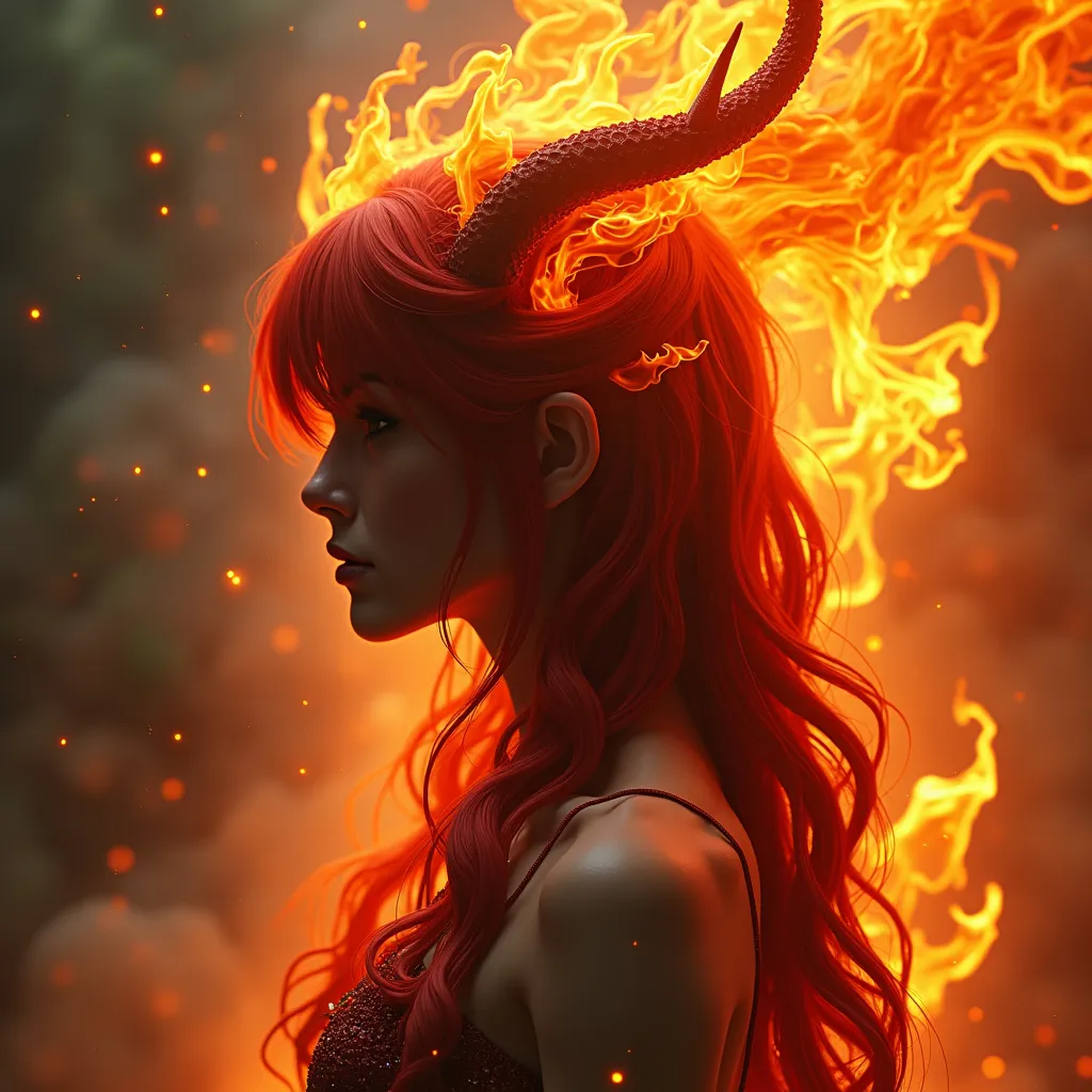 Prompt: Silhouette Art, magnificent. female fire elemental, long red hair made from flames and smoke, bangs, pulsing with flames and yellow electrical energy, subtle red iridescent scales covering her body,   Create a hyper-realistic scene in 8K resolution with intricate, lifelike textures and fine details. The composition is rendered with photorealistic quality, using advanced lighting, shadows, and reflections to emphasize realism. Every element, from the subject to the background, is crafted with meticulous attention to detail, capturing natural depth, accurate proportions, and true-to-life materials. The atmosphere is immersive and visually arresting, highlighting realistic textures, subtle nuances, and dynamic elements like natural light or motion. The overall effect should feel stunningly lifelike, evoking realism in every aspect.Unreal Engine, photorealistic, hyperrealistic, and visually arresting. Rendered in 8K, hyperrealistic, with fine intricate details.