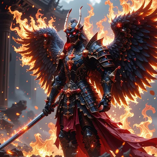 Prompt: UHD, Photorealistic Contest Winner, Best Quality Image of a Massively tall and incredibly muscled Mysterious angel with detailed black a and Samurai armor and a billowy blood red  samurai flag, standing resolute in a defensive pose, with a Samurai Demon Mask that shimmers and glows with an otherworldly aura  its surface comprised of intricate, magical, and colorful iridescent fractal stained glass, reminiscent of the dreamlike artistry of Roger Dean and the vibrant colors of Syd Mead, and a  engraved and gold filagreed black Katana, set against a dramatic, cinematic background with deep chiaroscuro contrasts, and rich subsurface scattering, evoking the fantastical, high-fantasy worlds of cover artist, Michael Whelan, in a bold, dynamic, and detailed digital art style with a mix of realism and fantasy elements