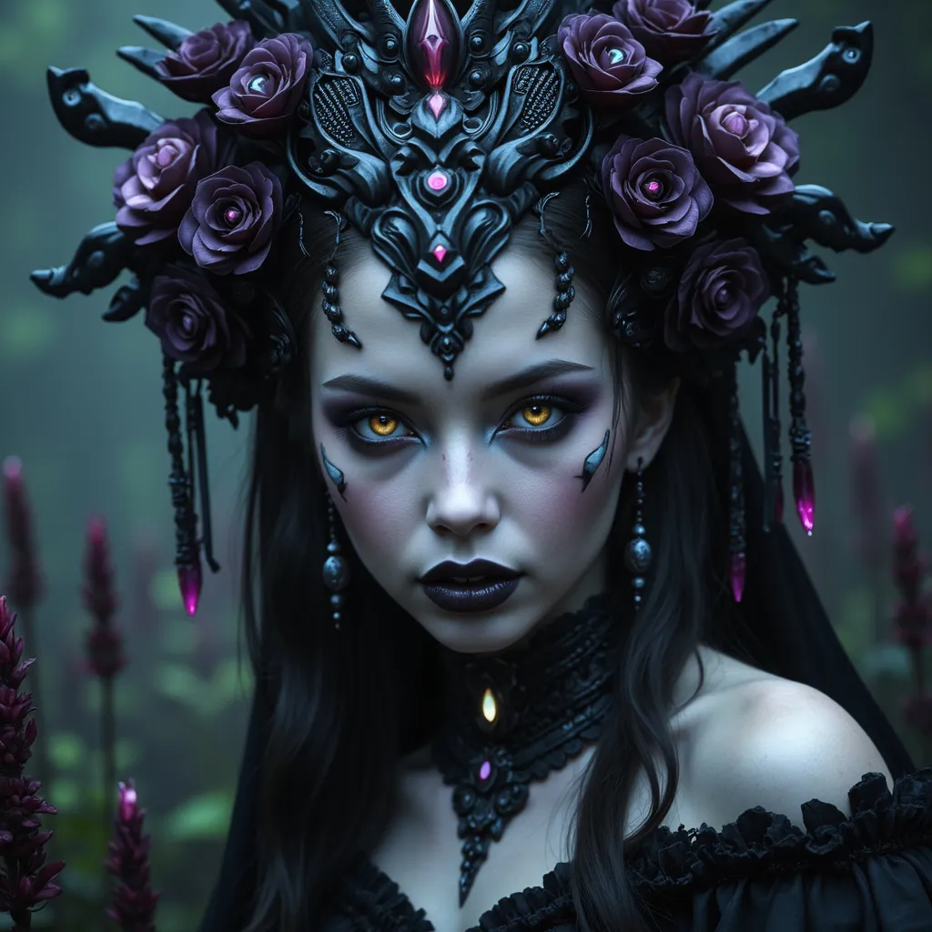 Prompt: Stunning beauty, realism style, goth geisha vampire, dark gothic elements, mesmerizing appearance, surrounded by a magical dark fairytale landscape, enchanting sparkling crystals, deep black flowers, intricate details, atmospheric and eerie ambiance, fantastic cyberpunk art concept, moody shadows, rich deep colors, ultra-detailed, masterpiece, 8K resolution, high quality.