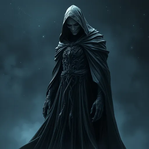 Prompt: (interpretation of Death from Marvel Comics), characterized by intricate details and dramatic posture, dressed in a flowing, ethereal robe, hauntingly elegant presence, shadowy ambiance, captivating gaze, set against a dark celestial background, starry sky, shrouded in mist, high contrast lighting, eerie yet captivating atmosphere, ultra-detailed, 4K quality.