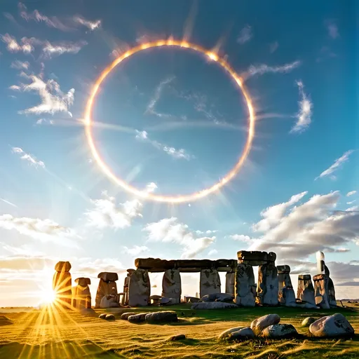 Prompt: A photorealistic, high-definition image capturing the celestial alignment of the sun peeking directly through the stones of Stonehenge during a breathtaking sunrise on the summer solstice. The vibrant rays of radiant sunlight filter between the ancient stone formations, creating a golden halo effect against a softly glowing sky. The foreground features a minimal hint of lush greenery, with wildflowers subtly framing the stones without overpowering the composition. The serene atmosphere highlights the monumental beauty of Stonehenge, with warm tones blending harmoniously in the dawn light. The focus is on the interplay of light and shadow on the stones, emphasizing their texture and timeless mystique. The scene conveys nature’s elegance and the wonder of this ancient celestial alignment.