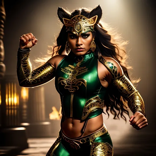 Prompt: An intense scene featuring La Garra, a powerful female, lean, athletic, strong superhero with Mayan heritage. She is wearing a sleek, form-fitting suit in dark green and brown, adorned with intricate Mayan gold patterns resembling jaguar spots. Her jaguar-themed mask covers the upper half of her face, with golden accents around her glowing eyes.  Jaguar claws at the end of her fingers.  Strong Mayan Artistic Influence. 