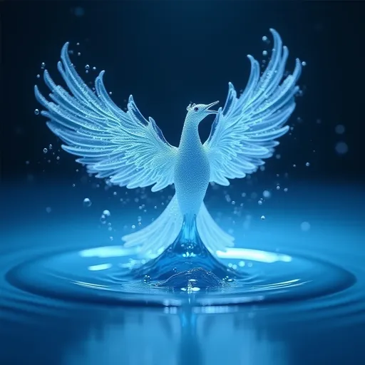 Prompt: Image of a water droplet hitting the surface of a perfectly clear puddle, stunning crystal clarity, images of the Milky Way and the universe reflected in the water, breathtaking detail, reflections dancing across the surface, high-speed capture, serene tranquility. Emerging from the splash is a mythical Water Phoenix, formed entirely of shimmering liquid, its wings arcing upwards in translucent plumes, droplets suspended midair. Cool blue tones with hints of shimmering silver, ethereal atmosphere, ultra-detailed, 4K resolution, dynamic motion capture, nature’s elegance and mystique, calming ambiance, a blend of surreal and serene beauty., breathtaking detail, reflections dancing across the surface, high-speed capture, serene tranquility, cool blue tones with hints of shimmering silver, ethereal atmosphere, ultra-detailed, 8K resolution, dynamic motion capture, nature’s elegance, calming ambiance.   Create a hyper-realistic scene in 8K resolution with intricate, lifelike textures and fine details. The composition is rendered with photorealistic quality, using advanced lighting, shadows, and reflections to emphasize realism. Every element, from the subject to the background, is crafted with meticulous attention to detail, capturing natural depth, accurate proportions, and true-to-life materials. The atmosphere is immersive and visually arresting, highlighting realistic textures, subtle nuances, and dynamic elements like natural light or motion. The overall effect should feel stunningly lifelike, evoking realism in every aspect.Unreal Engine, photorealistic, hyperrealistic, and visually arresting. Rendered in 8K, hyperrealistic, with fine intricate details.