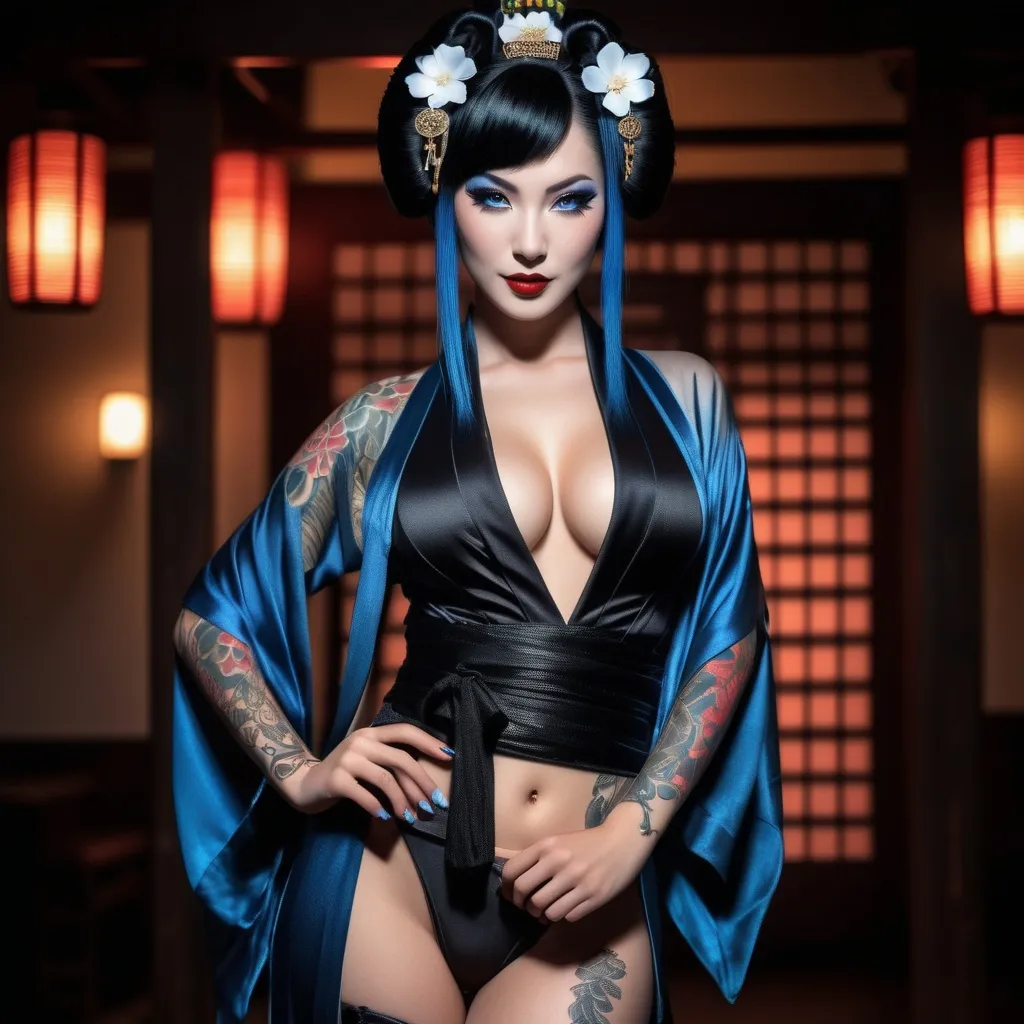 Prompt: Professional photorealistic HD Realistic Photo of a blue and black-haired goth geisha, with glowing blue eyes, very naughty and an evil smile, strutting on stage, yakuza tattoos, lacy sheer opaque black and very low cut kimono, fully exposed skin, birthday suit, goth steampunk, piercings, trashy hot, exposed intimacy, sensual look, full body image, dim light, stunningly beautiful, hyper-realistic, high definition, stunning beauty, detailed facial features, realistic lighting, atmospheric lighting, highres color palette, HDR, UHD, highly detailed, atmospheric lighting, photorealistic, iconic, varied color palette, stunning beauty, professional, HDR, UHD, detailed