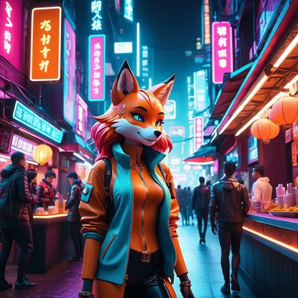 Prompt: Fox foxy anthropomorphic girl tail behind cyberpunk neon public street outside noodle shop scalie dragon crowded street food scales all over wardrobe mistake 