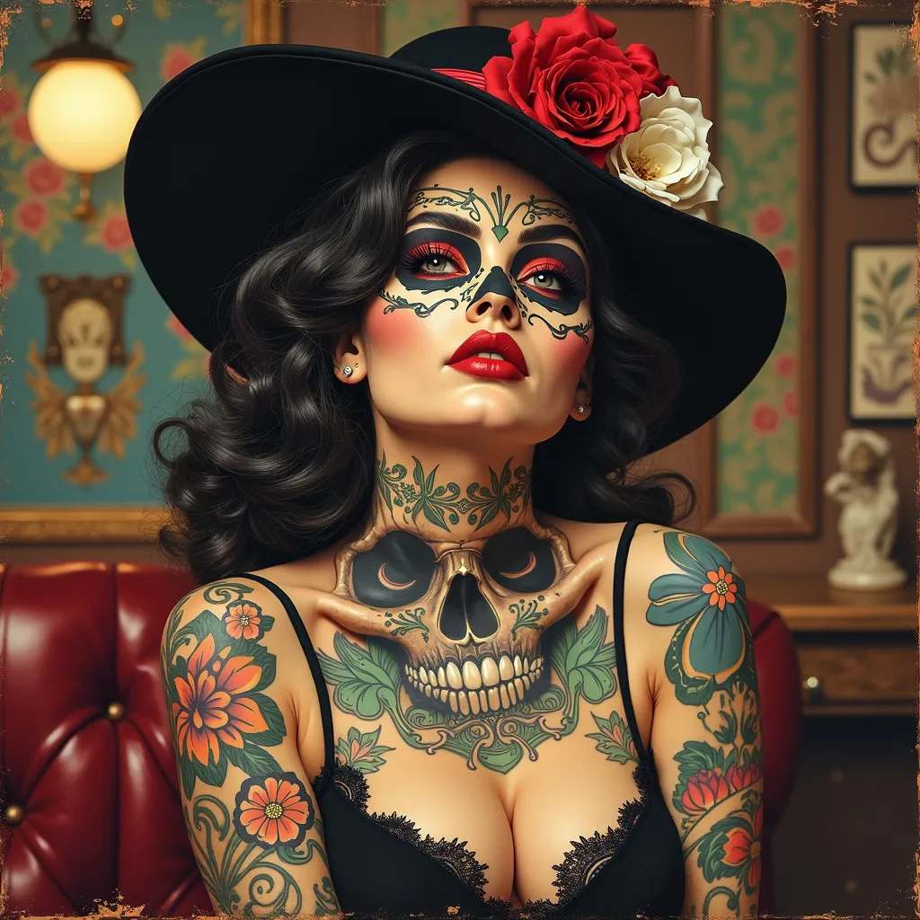 Prompt: In the style of Syd mead, Gil Elvgren, Norman Rockwell, tattooed skull with vintage 50s art, background of tattoo parlor, goth, beautiful female, vintage, sharp details, masterpiece, best quality, highly detailed, sharp focus, dynamic lighting, dark colors, texture detail, contest winner, ultra detailed,OverallDetail, swirling ink