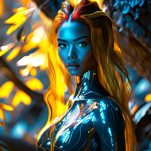 Prompt: HD Photorealistic, Hyperrealistic, 8k image or A breathtakingly beautiful woman with deep yellow and red striped skin, slightly metallic and luminous, with flowing blue hair that catches the light in the most mesmerizing way. Her piercing blue eyes radiate an ethereal glow. She stands gracefully in an otherworldly alien forest, surrounded by never-seen-before plants that glow softly in vivid, fantastical colors. Her skin appears shiny and radiant, like polished metal, reflecting the unique lighting of the alien atmosphere. The scene is hyper-realistic, with dramatic lighting and striking contrasts. Her facial features are complex, detailed, and elegant, exuding a sense of playful mystery. She stands in a dynamic pose, her body language confident yet gentle, as she interacts with her enchanting environment. The atmosphere is mesmerizing, with vivid colors, intricate details, and an overall presentation that feels magical and otherworldly. Her beauty is ethereal, captivating, and otherworldly, full of charm without being overt, radiating an unearthly allure that complements the fantastical scene around her.