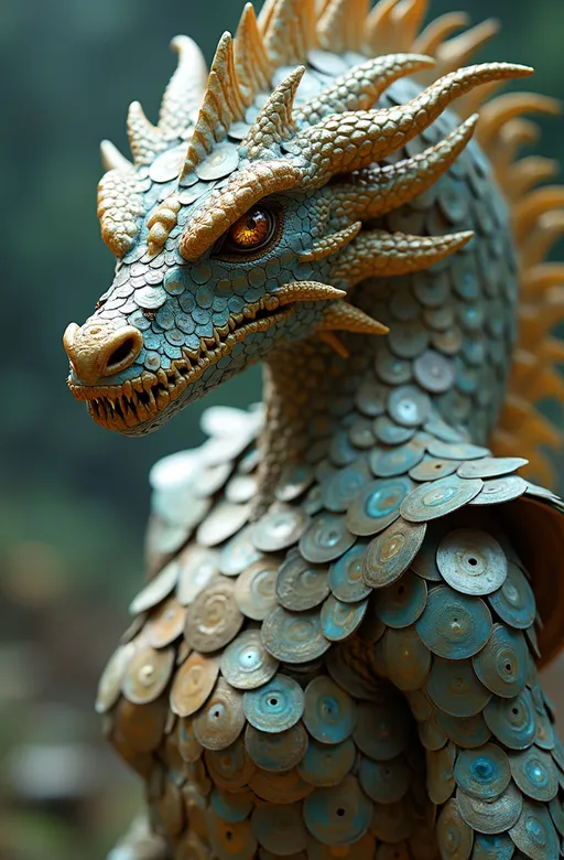 Prompt: Safe-for-work, ultra-high-definition photorealistic image of a female warrior who is a humanoid dragon in a striking pose. She has iridescent silver and gold scales made of overlapping compact disks (CDs), creating an intricate mottled pattern. Her fierce expression exudes strength and determination. The fantasy RPG-style scene includes a lush, enchanted background with vibrant colors. The atmosphere is dynamic and adventurous, with high detail and ultra-realistic textures. Strong lighting highlights her scales, creating an immersive and captivating mood.