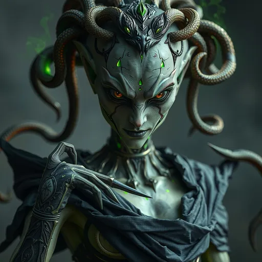 Prompt: An UHD photo-quality full-body image of Megaera, the Fury of Jealousy, in hyper-realistic 8K detail. Megaera is depicted as a wrathful yet mesmerizingly sinister figure, her gaunt but striking face exuding malice and envy. Her ashen, weathered skin is veined with faint green and black patterns, glowing like a corrupted web of energy. Her eyes burn with a venomous green light, narrow and piercing, reflecting her eternal role as the punisher of jealousy and infidelity. Her hair is a writhing, tangled mass of serpents, their scales glimmering faintly, hissing and snapping with malevolent energy.

Megaera’s upper body is lithe yet muscular, wrapped in tattered, smoke-like black robes that seem to shift and move unnaturally, as though alive with her rage. Her talon-like hands are elongated and sharp, blackened as if charred, dripping with a faint glowing ichor that corrodes the air around it. Her torso bears faintly etched patterns of ancient curses, glowing intermittently as her fury surges.

Her massive, bat-like wings are torn and jagged, each stroke of the wings emitting glowing green sparks and wisps of shadowy mist. Her lower body is shrouded in shifting black smoke, obscuring the ground as she floats above it, her form flickering between corporeal and ethereal.

Megaera stands on a fiery battlefield littered with the remnants of the jealous and unfaithful. The cracked, molten ground glows beneath her, with pools of green, bubbling acid marking her victims’ tortured ends. The background is a stormy chaos of red and green lightning, shadowy figures screaming in the distance, and crumbling ruins of broken oaths. The lighting highlights every intricate texture, from the glimmering scales of her serpents to the jagged tears in her wings. This hyper-realistic image captures the vengeful, jealous wrath of Megaera, blending horror with beauty.