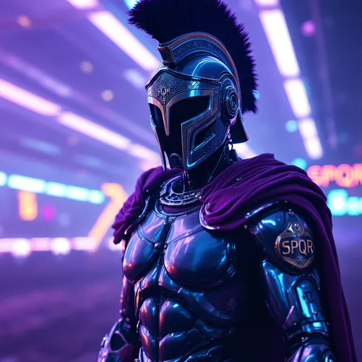 Prompt: A hyper-detailed 35mm film-still captures an ancient faceless android Roman Praetorian, standing in a futuristic setting filled with vibrant colors of purple, white, and gold. The atmosphere is charged with a sleek, metallic ambiance, enhanced by flickering neon lights that reflect off the chrome surfaces. The soldier is striding regally across a battlefieldl, his helmet adorned with ornate engravings that gleam softly under atmospheric lighting. The intricate golden letters spelling "SPQR" shimmer against the rich textures of his robotic features, devoid of facial expression yet exuding an aura of power and mystery. Subtle grain adds a nostalgic film quality, blending the ancient with the futuristic, as an otherworldly mist weaves through the scene, accentuating the dramatic ambiance.
