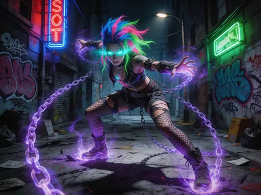 Prompt: A punk sorceress with vibrant, neon-streaked hair and ripped fishnet stockings, casting a spell amidst a chaotic, graffiti-covered alleyway. Her eyes glow with arcane energy as spectral chains erupt from the ground around her. The scene is illuminated by flickering neon signs and the harsh glare of streetlights. Style: Dark fantasy concept art, influenced by the gritty realism of Frank Miller and the surrealist undertones of Zdzisław Beksiński, with a cinematic, high-contrast aesthetic.