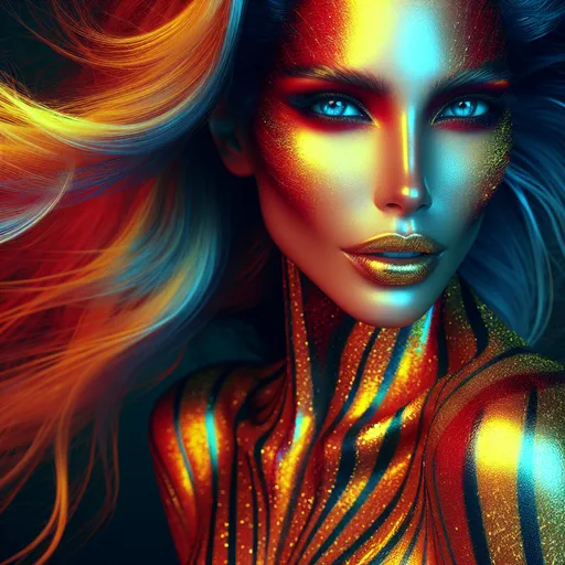 Prompt: (glamorous woman with yellow red striped skin), flowing blue hair, piercing blue eyes, deep yellow red striped skin, shiny skin, hyper-realistic details, vivid colors, dramatic lighting, striking contrast, complex facial features, dynamic pose, mesmerizing atmosphere, high quality, extremely detailed presentation, ethereal beauty, captivating appeal in composition, flaunting unearthly charm.