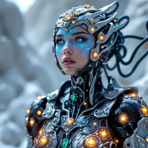 Prompt: Ultra-detailed, hyper-realistic, meticulously rendered scene with 8K PBR textures. An athletic and lethal  female cybernetic humanoid ninja constructed completely out of Sapphires  Her textured skin and liquid-like iridescence stands in a dreamlike fantasy landscape. She is the embodiment of predator prowess and lethality.  Her Chromium Armor is engraved and embellished with   Emeralds and Peridots that glow with anger. Liquid metal flows across limbs and torso, and its hair is interwoven with bioluminescent crystal circuitry  glowing with cosmic energy.    Cinematic Octane render (Unreal Engine 5), with ray-traced/path-traced lighting and volumetric effects. Deep chiaroscuro contrasts and prismatic subsurface scattering intensify the otherworldly cosmic mysticism of the scene.
