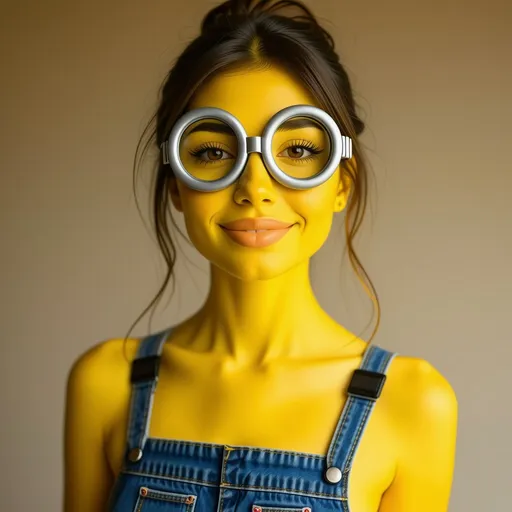 Prompt: a woman fully transformed into a Minion with Halloween makeup, her entire skin painted a smooth, bright yellow for an authentic Minion look. She is wearing a realistic Minion-style denim overall as a top, complete with blue straps and stitching details, creating the appearance of a small, cartoonish Minion character. Her facial features are styled with large, metallic silver goggles over her eyes, the lens painted with minion eyes. Her expression is mischievous, with a playful big painted grin showing cartoon-like teeth, enhancing the fun, lively Minion look.

The yellow makeup is expertly blended to cover her entire face, neck, and visible skin, creating a seamless transformation. The lighting is warm, adding a soft glow to her face and emphasizing the reflective metallic shine of the goggles. The overall color palette focuses on vibrant yellow and denim blue, creating a bold, instantly recognizable Minion effect. The background is muted, allowing her transformed appearance to stand out as a complete and immersive Minion look.