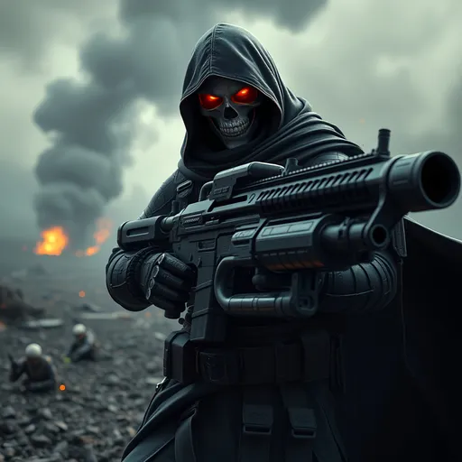 Prompt: (Soldier/Assasin with a skull face and scarlet glowing fire for eyes), dark hood, long black blowing cloak, detailed & intricate looking ultra black carbon fiber armor, gripping a massive futuristic gatling-style machine gun (like a future version of a M134 Minigun), huge ammunition feeders to a backpack full of ammo, futuristic battlefield, (dramatic lighting), (high contrast shadows), smoke rising in the background, scattered futuristic debris, an atmosphere of tension and chaos, (cinematic quality), ultra-detailed, dynamic composition, emphasizing a grim and foreboding mood.