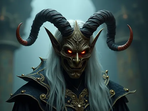 Prompt: An ultra-high-definition, UHD, HD, Highest Quality, hyper-realistic, ultra-detailed image of a A menacing figure with a demonic mask adorned with intricate golden details and two large, twisted horns. The character has long, flowing white hair and wears dark, ornate robes decorated with gold embellishments. The eyes behind the mask glow with an eerie light, adding to the ominous presence. The background is shrouded in mist and darkness, enhancing the mysterious and foreboding atmosphere.
BREAK
((UHD:1.5)), ((high details:1.5)), ((best quality:1.6)), ((super detail:1.5)), ((award winning:1.4)), ((masterpiece:1.6)), ((ethereal glow:1.3)), ((retina:1.4))
BREAK
Art by Greg Rutkowski, Pascal Blanche, Martina Grimm, John William Waterhouse
BREAK
Close-up shot, eye-level shot, dramatic lighting, chiaroscuro, dark fantasy realism, photo, cinematicperfect for UHD 4K resolution.