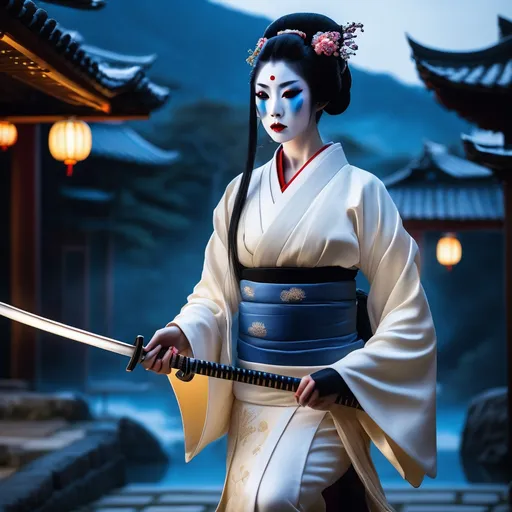 Prompt: Hyperrealistic half-transformed female goth geisha assassin in a zen garden at night holding a katana partially shrouded in shadow, angrily peers with glowing blue eyes, silky white fur, long flowing hair flowing around her, sharp long nails in traditional geisha garb