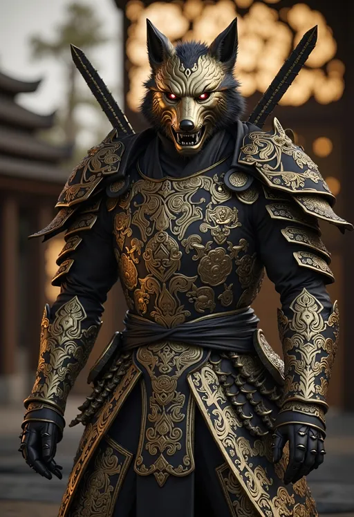 Prompt: samurai wolf, glowing bloodshot eyes, body wearing shiny satin black and silver metal armor, intricate ornate weaved gold filigree, fine detail, extremely detailed, unreal engine ethereal, haunting, enchanted, glowing symbols, eerie, dangerous, foreboding, dark fantasy, evil presence, swirling energy, detailed background, dramatic lightingdetailed background, dramatic lighting, cinematic shot, dynamic lighting, 75mm, Technicolor, Panavision, cinemascope, sharp focus, fine details, 8k, HDR, realism, realistic, key visual, film still, cinematic color grading, depth of field vivid colors, natural lighting, striking detail, ultra-detailed, sharp focus, HDR, 64K resolution, intense atmosphere, suspenseful backdrop,