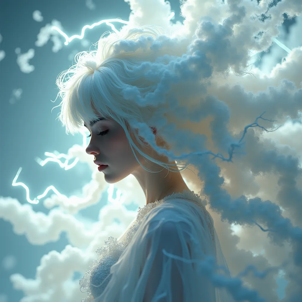 Prompt: Silhouette Art, magnificent. stunningly beautiful female air elemental, long white hair made from clouds, bangs, pulsing with gusts of wind and white electrical energy, subtle white iridescent water droplets covering her body,   Create a hyper-realistic scene in 8K resolution with intricate, lifelike textures and fine details. The composition is rendered with photorealistic quality, using advanced lighting, shadows, and reflections to emphasize realism. Every element, from the subject to the background, is crafted with meticulous attention to detail, capturing natural depth, accurate proportions, and true-to-life materials. The atmosphere is immersive and visually arresting, highlighting realistic textures, subtle nuances, and dynamic elements like natural light or motion. The overall effect should feel stunningly lifelike, evoking realism in every aspect.Unreal Engine, photorealistic, hyperrealistic, and visually arresting. Rendered in 8K, hyperrealistic, with fine intricate details.