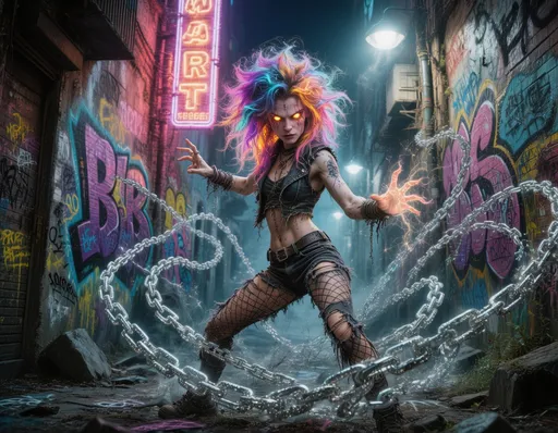 Prompt: Ultra-realistic photographic image, captured with a professional full-frame cinema camera,, A gorgeous, lithe, athletic, charismatic, punk sorceress with vibrant, neon-streaked hair and ripped fishnet stockings, casting a spell amidst a chaotic, graffiti-covered alleyway. Her eyes glow with arcane energy as spectral chains erupt from the ground around her. The scene is illuminated by flickering neon signs and the harsh glare of streetlights. Style: Dark fantasy concept art, influenced by the gritty realism of Frank Miller and the surrealist undertones of Zdzisław Beksiński, with a cinematic, high-contrast aesthetic.