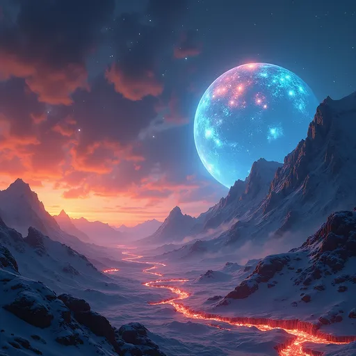 Prompt: photorealistic, (vibrant), colorful, (diversely illuminated) Fire and Ice Planet, rich details, glowing lights illuminating the landscape, dynamic interplay of shadows, enchanting atmosphere, immersive depth of field, vast starry backdrop, showcasing the beauty of celestial phenomena, ultra-detailed, surreal yet breathtaking scene, cosmic exploration aesthetic