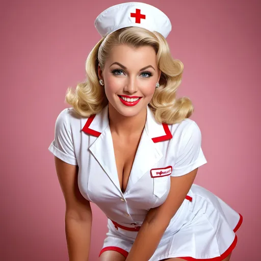 Prompt: Strikingly beautiful 1950's pin-up girl, blonde bombshell, hypnotic bimbo, buxom, 6' tall, nurse uniform, miniskirt, thong, flirtatious, hypersexual, happy, toned abs, perfect teeth, perfect face, perfect body, athletic legs, garter belts, retro, pin-up, vibrant colors, detailed facial features, high quality, vintage, playful and alluring, exaggerated proportions, professional lighting