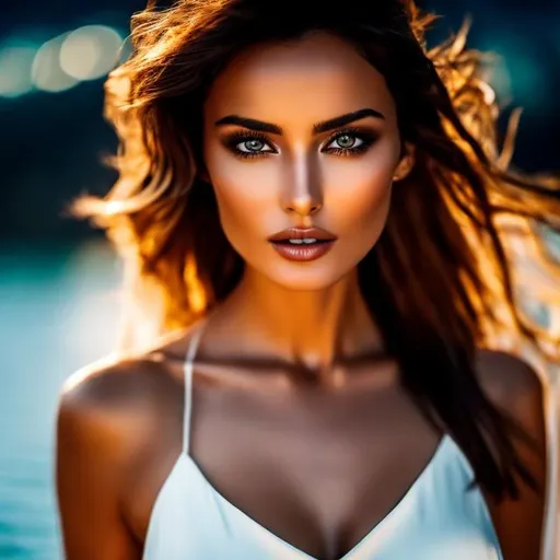 Prompt: Photo-realistic HD Photo of a naturally gorgeous Italian woman, in a slim white dress, with a eyes makeup, wet messy hair, tanned skin, exposed intimacy, sensual look, full body image, dim light, at rainy night, wet skin, wet cloth, in new york stunningly beautiful, hyper-realistic, high definition, stunning beauty, detailed facial features, realistic lighting, atmospheric lighting, highres