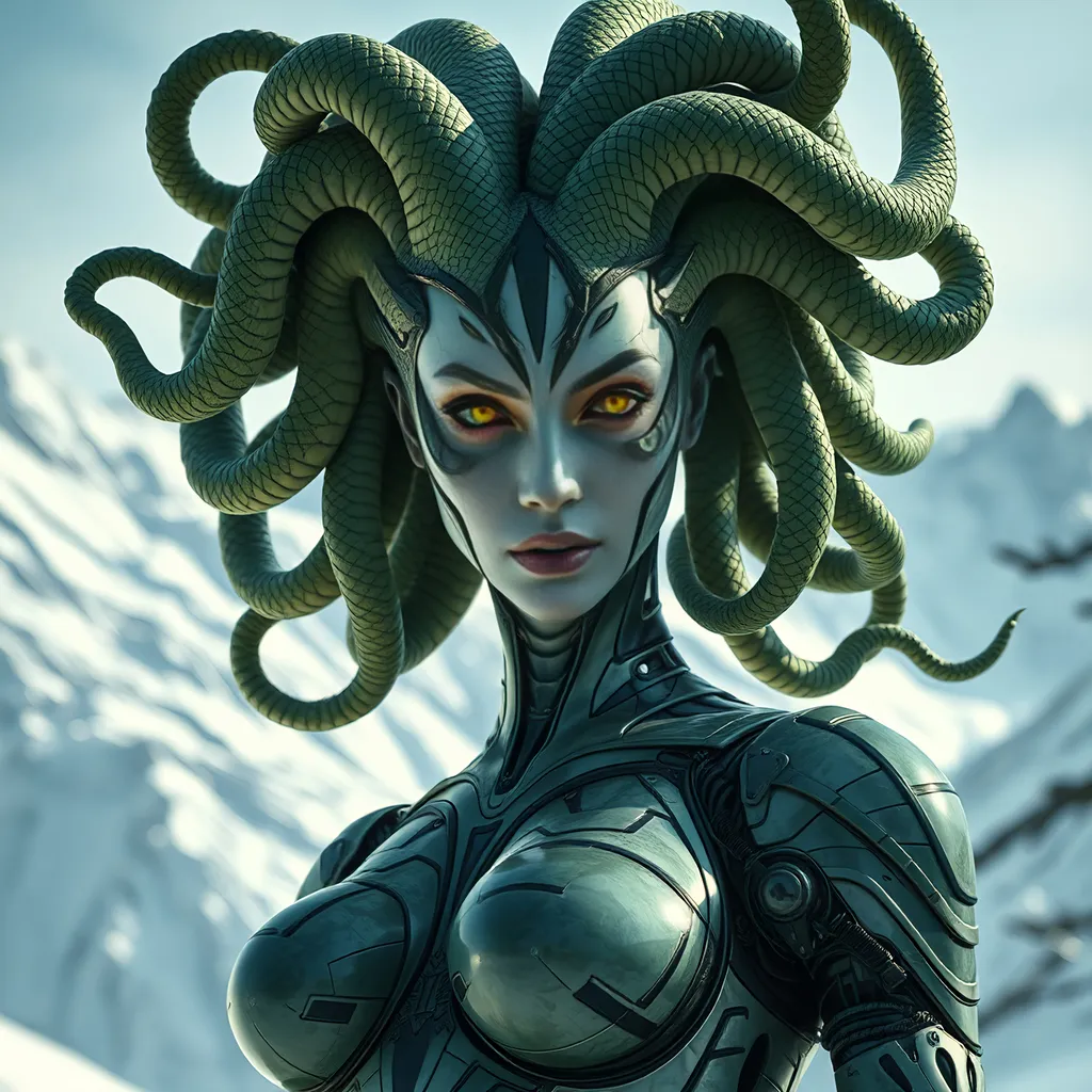 Prompt: Ultra HD Photo-Quality wide angle full body image of a surreal rendition of an incredibly beautiful, stunning, gorgeous, buxom,  Medusa (otherworldly beauty) with cybernetic, bionic, and biomechanical origins, form fitting, skin tight biomechanical suit that also acts as armor,  facing the viewer, a woman with Smooth green snakes coiling with exaggerated smiles emerging as hair and yellow eyes, marble skin texture, corrupted D&D style, fantasy, digital art, studio lighting, intricate details, best quality, natural lighting, artistic, close-up,  dynamic composition, intense, luxurious, great composition, shiny, snowy mountain background