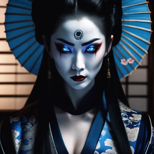 Prompt: Hyperrealistic female goth geisha vampire assassin partially shrouded in shadow, angrily peers with glowing blue eyes, covered with yakuza tattoos , long flowing hair flowing around her, sharp long nails in traditional geisha garb