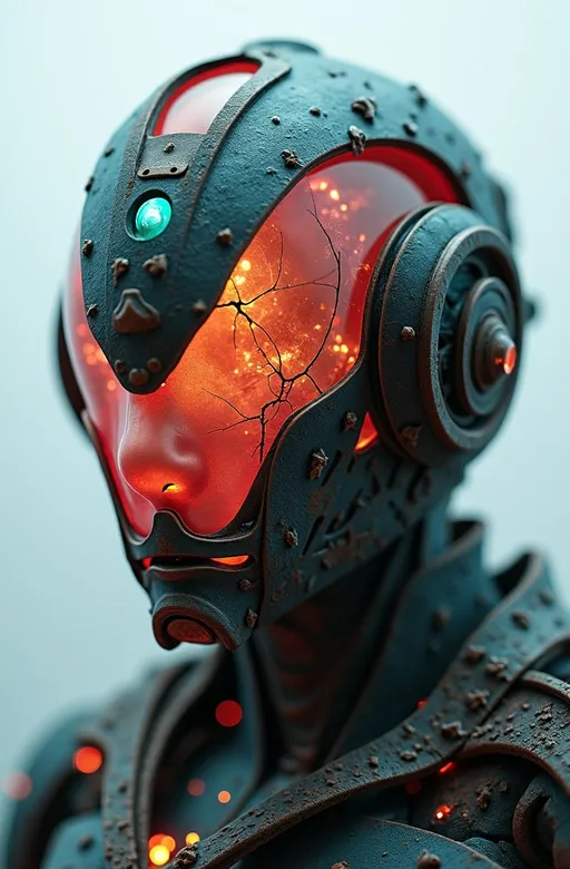 Prompt: An extreme macro close-up of a translucent robotic head resembling a serpent, its hollow, glass-like surface revealing the decayed remnants of its inner mechanisms. The lifelike scales, once vibrant, now shift with eerie, fading neon tones of pink, red, yellow, and green, bleeding into one another like the last embers of a dying machine. Subsurface scattering (SSS) effects illuminate fractured wiring beneath the surface, glowing faintly with irregular pulses, as if struggling to cling to life.
The lighting is dim and cold, with harsh backlight casting long shadows through the translucent material, emphasizing the cracks and imperfections in its once-flawless design. The shallow depth of field blurs the desolate backdrop, littered with rusted metal fragments and faintly glowing debris, adding to the sense of abandonment.
The robotic head is crowned with a weathered metal hood, its surface pitted and scarred as if corroded by years of acid rain. A central circular aperture, cracked and flickering with an unstable turquoise light, dominates the frame. Etched into the hood are intricate filigree patterns, their coppery glow dim and irregular, like the fading heartbeat of an ancient, forgotten machine. These shifting patterns pulse faintly, evoking an organic-mechanical aesthetic—a haunting relic of a future consumed by entropy. in the style of ck-ncr,