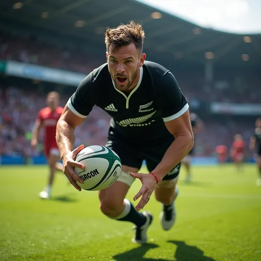 Prompt: photorealistic, (vibrant colors), hyper-realistic, UHD, photo-quality, dynamic action, Rugby Player from New Zealand, (intense focus), scoring a try, detailed facial expression, athletic build, stadium atmosphere, cheering crowd, sunlight casting shadows, grass field texture, sporting gear visible, captured in the moment of triumph.