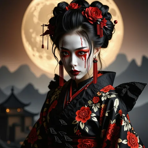 Prompt: (A goth geisha vampire with bloody fangs), intricate makeup, dramatic fangs, traditional kimono with dark floral patterns, contrasting with lace elements, haunting ambiance, shadows reflecting cold moonlight, mysterious surgical precision in fabric details, mystical aura exuding sensuality, lush dark red and black tones, (ultra-detailed), (4K), enchanting and chilling atmosphere, courtly surroundings filled with ethereal allure.