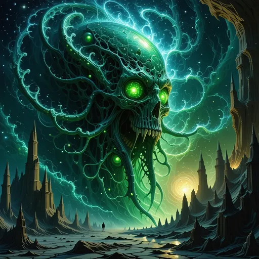 Prompt: The lovecraftian depiction of the unimaginable inevitable endless cosmic horror coming from the deadly void of space in the form of the giant irritating ethereal indescribable ancient non-euclidean entity, high quality, detailed, intricate details, masterpiece, UHD 16K, professional photograph, soul gem, gemmed