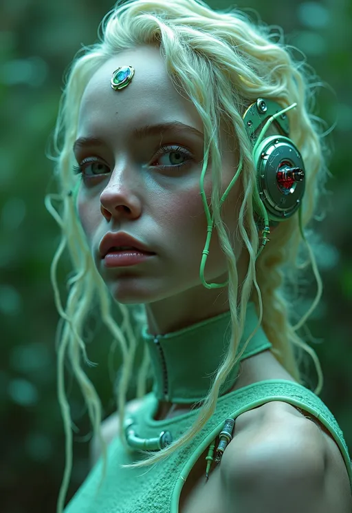 Prompt: (woman with wires on her head and face), (green background), retrofuturism, cybernetic elements, cyberpunk aesthetics, Beeple influence, intricate wire details, high-tech visual effects, glowing accents, surreal and immersive atmosphere, vibrant colors blending with green, ultra-detailed, vivid contrasts, futuristic themes, evocative mood, visionary art style.