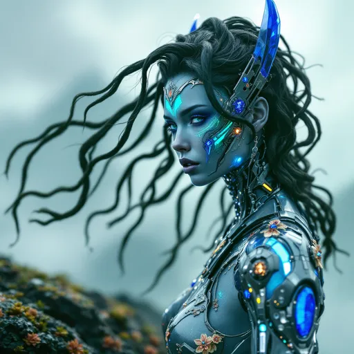 Prompt: Ultra-detailed, hyper-realistic, meticulously rendered scene with 8K PBR textures. An athletic and lethal  female cybernetic humanoid Samurai constructed completely out of Sapphires  Her textured skin and liquid-like iridescence stands in a dreamlike fantasy landscape. She is the embodiment of predator prowess and lethality.  Her Chromium & Lapis Lazuli Samurai Armor is engraved and embellished with  Green and Red Silk Stitching.  Liquid metal flows across limbs and torso, and its hair is interwoven with bioluminescent crystal circuitry  glowing with cosmic energy.    Cinematic Octane render (Unreal Engine 5), with ray-traced/path-traced lighting and volumetric effects. Deep chiaroscuro contrasts and prismatic subsurface scattering intensify the otherworldly cosmic mysticism of the scene.
