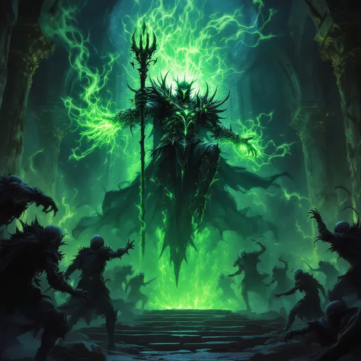 Prompt: A dynamic, cinematic scene of a menacing Lich Knight hovering ominously above the ground in his decrepit, gothic throne room. His armor is intricate, dark, and sinister with spikes and detailed embellishments. Glowing vividly with eerie, poisonous green magical energy emanating from his outstretched hand and swirling staff. Around him, undead warriors and minions engage in battle, their forms partially obscured in shadow. The throne room is grand but in ruin, illuminated by supernatural green energy, casting deep shadows and an eerie atmosphere. Hyper-detailed, dark fantasy style, dramatic lighting, cinematic action, high-quality digital art.