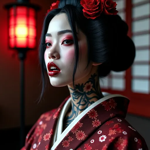 Prompt: (A goth geisha vampire covered with Yakuza Tattoos), intricate makeup, dramatic fangs, traditional kimono with dark floral patterns, incredible detailing on clothes, perfect make-up, sharp fangs over blood red lips.  contrasting with lace elements, haunting ambiance, shadows reflecting cold moonlight, mysterious surgical precision in fabric details, mystical aura exuding sensuality, lush dark red and black tones, (ultra-detailed), (4K), dark, terrifying yet enchanting and chilling atmosphere, courtly surroundings filled with ethereal allure.