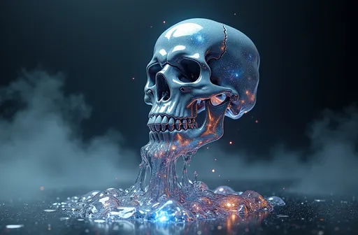 Prompt: A close-up photorealistic image of a Crystal floating skull facing the viewer with its mouth open, pouring liquid metal from it's mouth a shimmering liquid resembling the universe onto the ground, filled with rich stars and swirling galaxies. A simple void background enhances the dark atmosphere, shrouded in fog, capturing the hypnotic flow and shimmer of the cosmic liquid