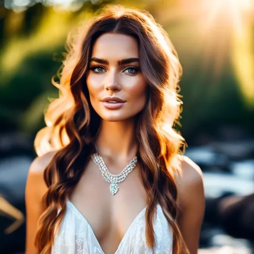 Prompt: Photo-realistic Photo of a naturally gorgeous woman, full body shot, standing next to a stream, some freckles across her nose,  twirling in a sheer. sundress, multiple necklaces and bracelets.  Styled like a Hippie, stunningly beautiful, hyper-realistic, high definition,  stunning beauty, detailed facial features, realistic lighting, professional artwork, atmospheric lighting, highres