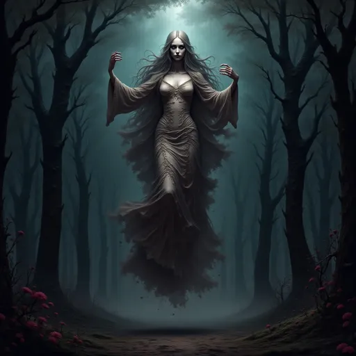 Prompt: 
a terrifying female apparition 
