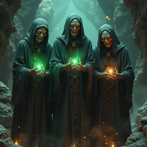 Prompt: A photorealistic, hyper-detailed depiction of the Three Blind Stygian Witches, ancient crones whose rotten, decayed forms exude malice and dark power. Their crudely sewn-shut eyes ooze corruption, yet they share one glowing, magical eye that radiates sinister energy, held delicately in their gnarled, clawed hands. The witches stand in a shadowy, cavernous lair filled with jagged rocks, eerie glowing symbols, and remnants of their victims. Their tattered, intricate robes are woven with arcane symbols and appear alive with whispers of dark magic. The scene is drenched in a foreboding, stygian atmosphere, with high-contrast lighting casting sharp shadows and highlighting their grotesque features. Their expressions are a chilling blend of intelligence and cruelty, radiating an aura of dread. The air is thick with tension, as if their presence alone could suffocate the weak. Fiery embers and glowing green mists swirl around them, hinting at their destructive magic. This scene captures the essence of evil incarnate, combining captivating horror with a sense of mystery and twisted enchantment.