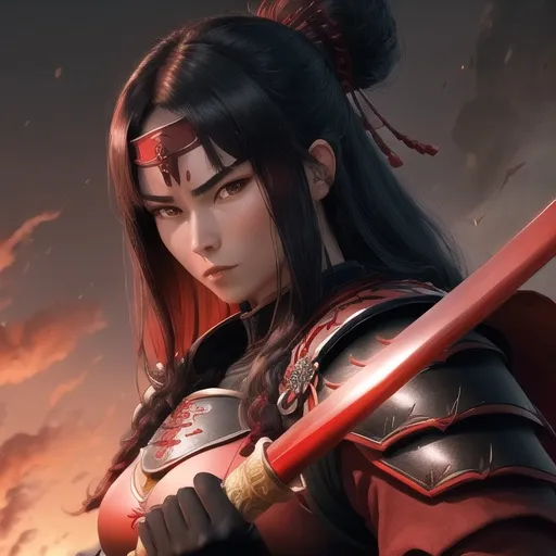 Prompt: High quality animation of a sinister, menacing samurai, muscled and tall, in red and black armor, wielding a naginata, holding a large chested peasant girll under one armundetailed face Hemet and mask, dark and menacing, detailed eyes, detailed muscles, detailed armor, detailed weapon, detailed environment, atmospheric lighting, anime, detailed shading, intense and focused, red and black tones, professional, detailed animation