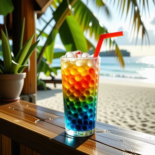 Prompt: (photorealistic) vibrant colors, (detailed illustration) cute rainbow colorful boba tea, (window sill) tiki bar setting, (tropical oceanfront) background, shallow depth of field, cinematic lighting, dappled sunlight, lens flare bokeh, serene atmosphere, refreshing tropical feel, high quality, ultra-detailed, inviting and cheerful vibes.