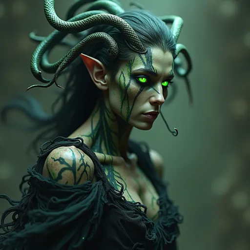 Prompt: An UHD photo-quality full-body image of Megaera, the Fury of Jealousy, in hyper-realistic 8K detail. Megaera is depicted as a wrathful yet mesmerizingly sinister figure, her gaunt but striking face exuding malice and envy. Her ashen, weathered skin is veined with faint green and black patterns, glowing like a corrupted web of energy. Her eyes burn with a venomous green light, narrow and piercing, reflecting her eternal role as the punisher of jealousy and infidelity. Her hair is a writhing, tangled mass of serpents, their scales glimmering faintly, hissing and snapping with malevolent energy.

Megaera’s upper body is lithe yet muscular, wrapped in tattered, smoke-like black robes that seem to shift and move unnaturally, as though alive with her rage. Her talon-like hands are elongated and sharp, blackened as if charred, dripping with a faint glowing ichor that corrodes the air around it. Her torso bears faintly etched patterns of ancient curses, glowing intermittently as her fury surges.

Her massive, bat-like wings are torn and jagged, each stroke of the wings emitting glowing green sparks and wisps of shadowy mist. Her lower body is shrouded in shifting black smoke, obscuring the ground as she floats above it, her form flickering between corporeal and ethereal.

Megaera stands on a fiery battlefield littered with the remnants of the jealous and unfaithful. The cracked, molten ground glows beneath her, with pools of green, bubbling acid marking her victims’ tortured ends. The background is a stormy chaos of red and green lightning, shadowy figures screaming in the distance, and crumbling ruins of broken oaths. The lighting highlights every intricate texture, from the glimmering scales of her serpents to the jagged tears in her wings. This hyper-realistic image captures the vengeful, jealous wrath of Megaera, blending horror with beauty.