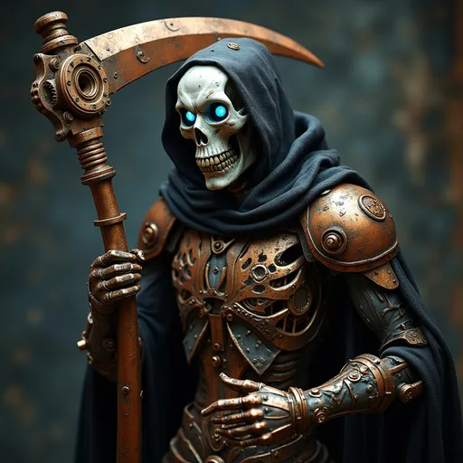 Prompt: A menacing Steampunk Grim Reaper forged from tarnished and polished copper, adorned with intricate clockwork gears, glowing blue eyes, and a tattered mechanical cloak. His scythe is an elaborate fusion of brass tubing, steam vents, and razor-sharp gears. Dramatic shadows cast eerie highlights on his metallic frame, emphasizing his ominous presence. Ultra-detailed, cinematic lighting, 8K resolution, best quality, absurdres, masterpiece.