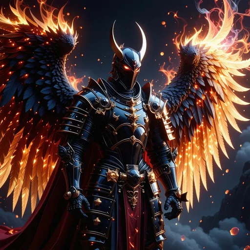 Prompt: UHD, Photorealistic Contest Winner, Best Quality Image of a Massively tall and incredibly muscled Mysterious angel with detailed black a and Samurai armor and a billowy blood red  cape, standing resolute in a defensive pose, with a Samurai Demon Mask that shimmers and glows with an otherworldly aura  its surface comprised of intricate, magical, and colorful iridescent fractal stained glass, reminiscent of the dreamlike artistry of Roger Dean and the vibrant colors of Syd Mead, and a  engraved and gold filagreed black Katana, set against a dramatic, cinematic background with deep chiaroscuro contrasts, and rich subsurface scattering, evoking the fantastical, high-fantasy worlds of cover artist, Michael Whelan, in a bold, dynamic, and detailed digital art style with a mix of realism and fantasy elements